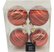 Set de patru globuri roșii de Crăciun din sticlă cu dungi aurii