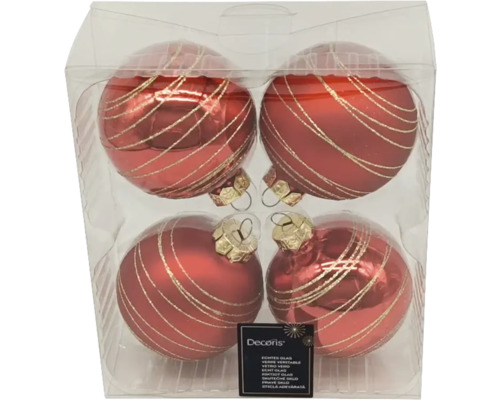Set de patru globuri roșii de Crăciun din sticlă cu dungi aurii