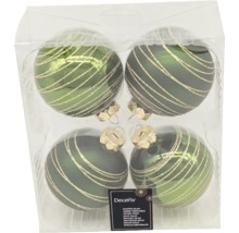 Patru globuri verzi de Crăciun din sticlă cu dungi într-o cutie