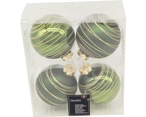 Patru globuri verzi de Crăciun din sticlă cu dungi într-o cutie