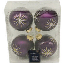 Patru globuri violet de Crăciun din sticlă cu decor într-un recipient transparent de plastic