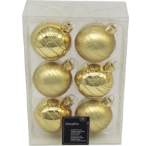Șase globuri aurii de Crăciun din sticlă, în ambalaj transparent.