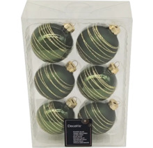 Pachet cu șase globuri verzi de Crăciun din sticlă cu dungi aurii