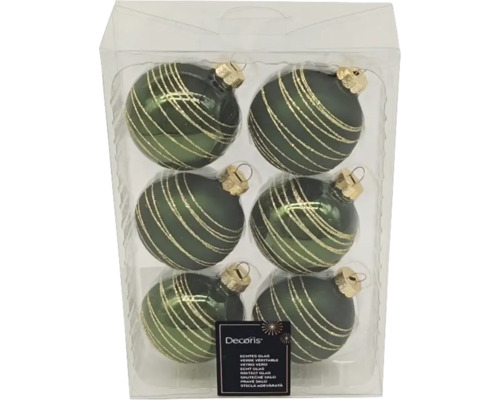 Pachet cu șase globuri verzi de Crăciun din sticlă cu dungi aurii