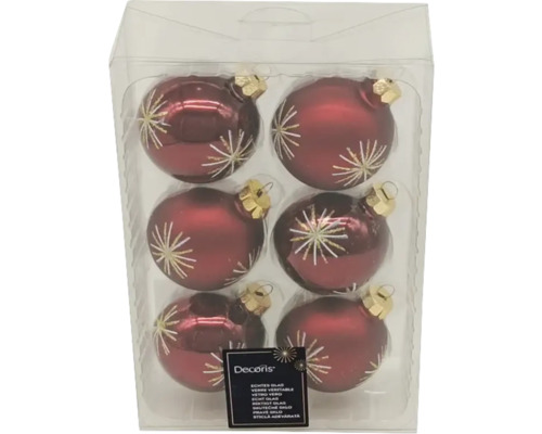 Șase globuri roșii de Crăciun din sticlă cu model de stea într-un ambalaj transparent.