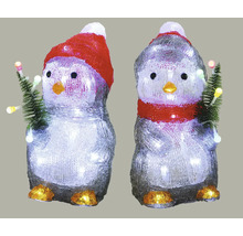 Două figurine pinguin cu iluminare LED și pom de Crăciun