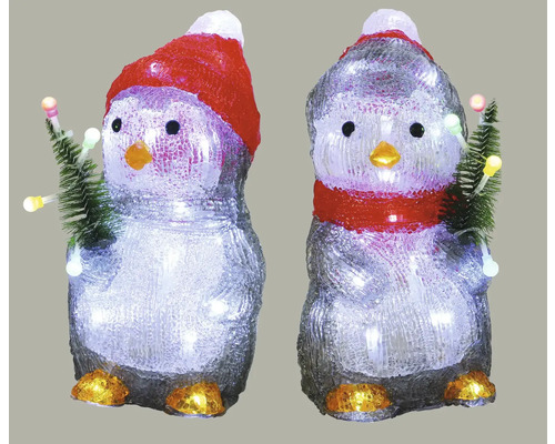 Două figurine pinguin cu iluminare LED și pom de Crăciun