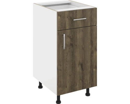 Corp inferior bucătărie 40 cm, 1 ușă 1 sertar, alb/stejar bronz Dulap inferior cu un sertar și o ușă cu aspect de lemn