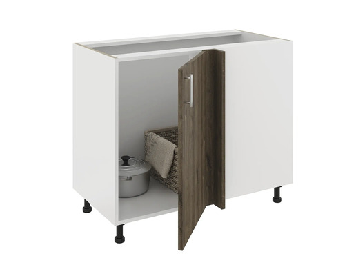 Dulap inferior de bucătărie cu o ușă parțial deschisă, o oală și un coș