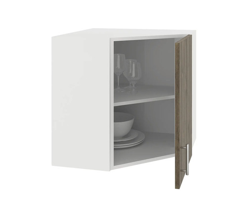 Dulap suspendat de colț cu ușa deschisă, două rafturi și vase