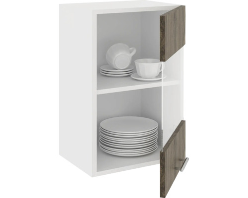 Dulap suspendat de bucătărie cu veselă și uși din lemn