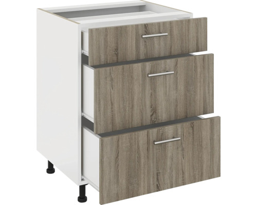 Corp inferior bucătărie 60 cm, 3 sertare, alb/stejar | HORNBACH