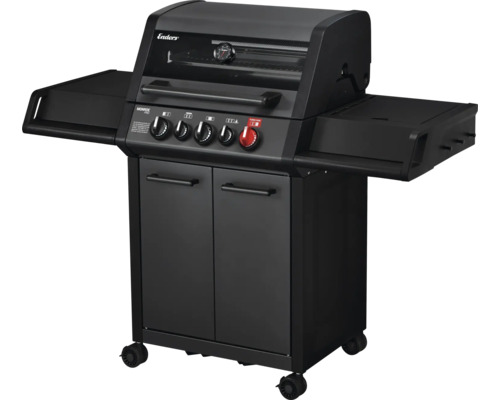 Grătar pe gaz Enders Monroe Pro 3SIK Shadow 3 arzătoare 18,35 kW suprafața de gătire 62x43 cm incl. termometru în capac, tavă de colectare grăsime, masă laterală, suport tacâmuri Grătar pe gaz negru cu rafturi laterale și dulap inferior pentru exterior