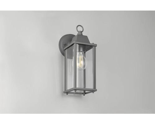 Lumină de perete gri pentru exterior, în stil felinar, cu abajur din sticlă transparentă și bec