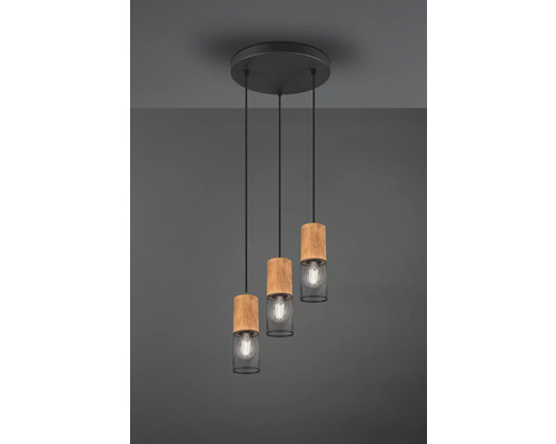 Lumină suspendată cu trei becuri, lemn și metal