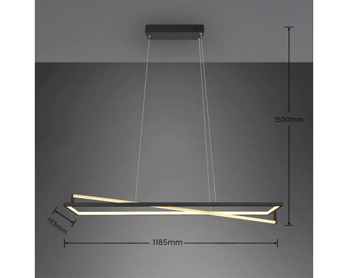 Lumină LED suspendată cu dimensiunile de 1185 mm lățime, 193 mm înălțime și 1500 mm lungime.