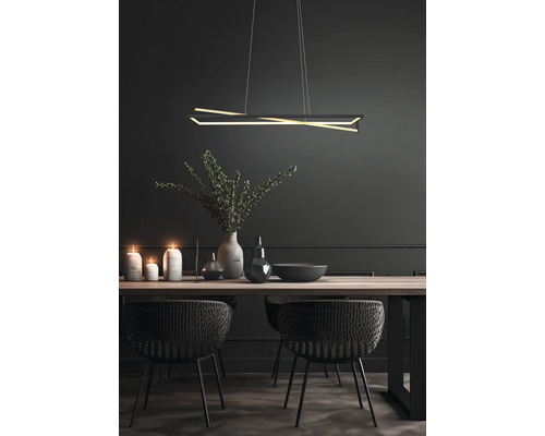 Sufragerie cu masă, scaune și corp de iluminat suspendat cu LED modern.