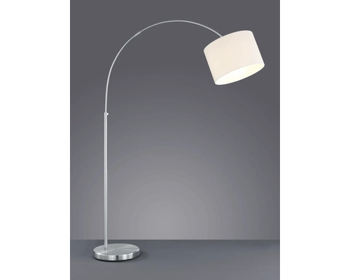 Lampă arcuită cu abajur din material textil și bază rotundă