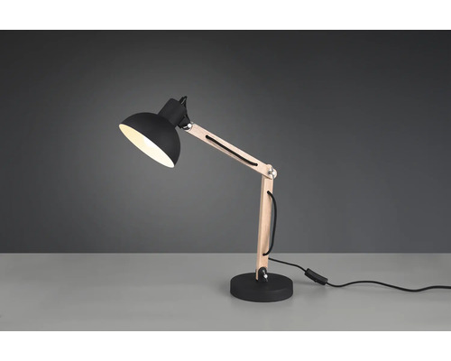 Lampă de birou cu braț din lemn și abajur metalic