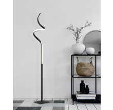 Lampă de podea curbată lângă raft cu decorațiuni