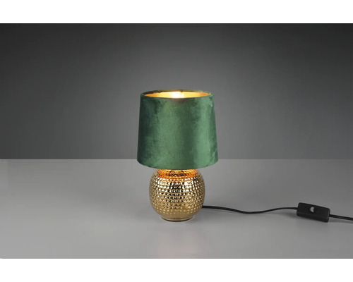 Lampă de masă cu abajur textil și bază ceramică aurie