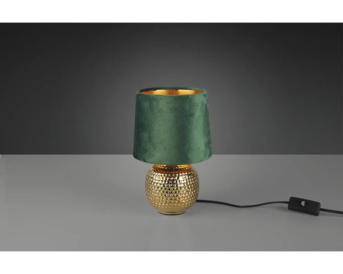 Lampă de masă cu abajur verde și bază aurie