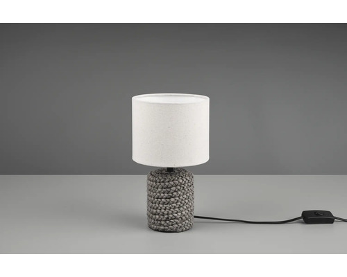 Lampă de masă cu bază împletită și abajur din material textil