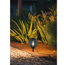 Scenă de grădină cu o lampă rotundă de exterior între plante și pietre.