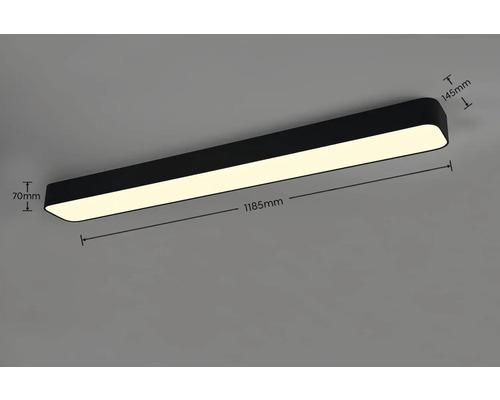 Plafonier LED dreptunghiular cu dimensiunile de 1185 mm lungime, 145 mm lățime și 70 mm înălțime.