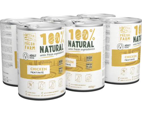 Mai multe cutii de conserve cu hrană umedă pentru câini Fresh Farm cu pateu de carne de pui pentru câini adulți