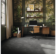 Birou cu mochetă închisă la culoare, birou, scaun de birou și decorațiuni