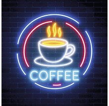 Reclamă luminoasă cu neon cu o ceașcă de cafea și cuvântul cafea