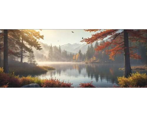 Peisaj cu lac, copaci și munți toamna