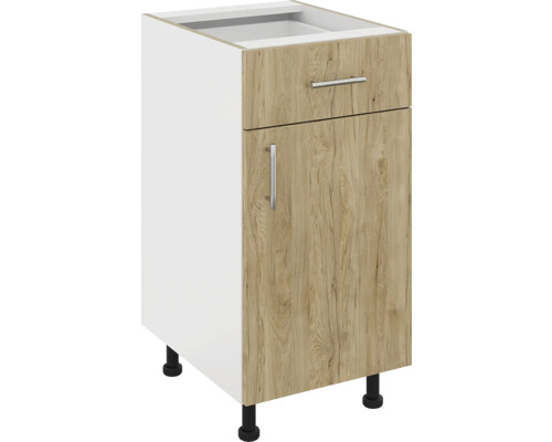 Corp inferior bucătărie 40 cm, 1 ușă 1 sertar, alb/lemn natural Dulap de bază pentru lavoar cu sertar și ușă