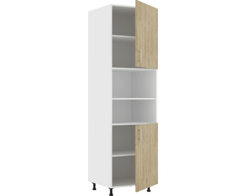 Dulap înalt de bucătărie alb, cu rafturi deschise și două uși din lemn