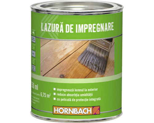Lazură de impregnare Hornbach pentru lemn la exterior, cutie de 750 mililitri pentru circa 6,75 metri pătrați.