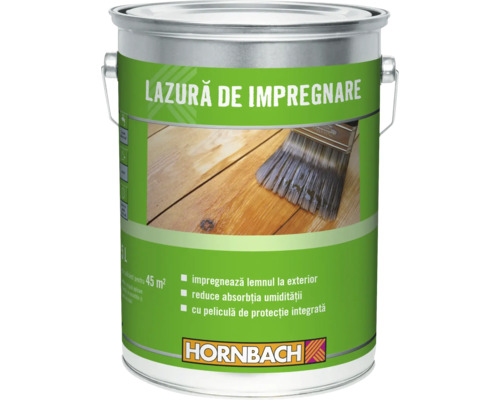 Lazură de impregnare Hornbach pentru lemn la exterior, găleată de 5 litri pentru circa 45 metri pătrați, Hornbach Logo.