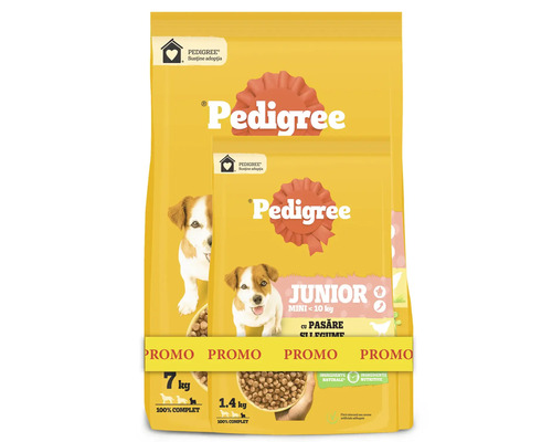 Hrană uscată pentru câini Pedigree Mini Junior cu pasăre și legume PACHET PROMO 7kg+1,4kg Pedigree Junior hrană uscată pentru câini în pachete de 7 kilograme și 1,4 kilograme