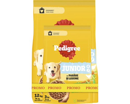 Hrană uscată pentru câini Pedigree Junior cu pasăre și legume PACHET PROMO 12kg+3kg Hrană pentru câini Pedigree Junior cu carne de pasăre și legume în ambalaje de 12 kilograme și 3 kilograme