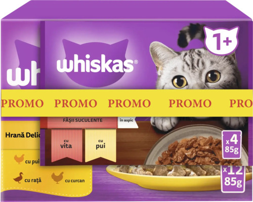 Hrană umedă pentru pisici Whiskas Adult cu pasăre în aspic 12x85 g PACHET PROMO 1+1 Whiskas fâșii suculente cu vită și pui 4x85g Pachet multiplu hrană pentru pisici Whiskas pentru pisici de la un an
