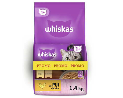 Hrană pentru pisici Whiskas cu pui pentru pisici de la un an, ambalaj de 1,4 kilograme