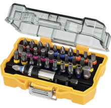 Set de biți cu logo DeWalt cu diverse biți de șurubelniță într-o cutie din plastic galbenă