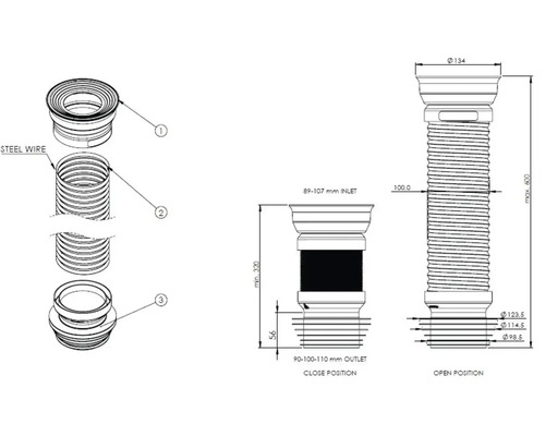 Desen tehnic al unui sifon flexibil cu indicații de măsurare
