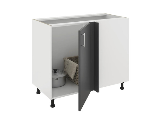 Dulap de bucătărie cu ușa parțial deschisă, oală și coș în interior