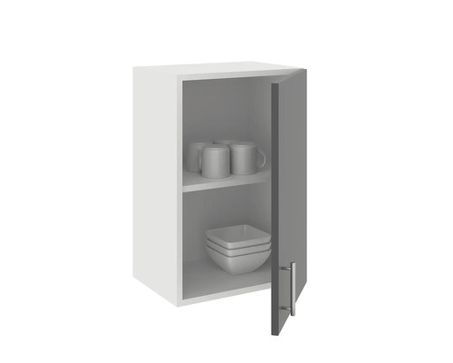 Dulap suspendat cu ușă deschisă, două rafturi cu căni și boluri