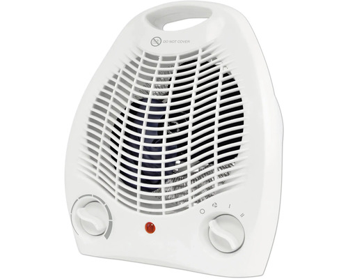 Aerotermă albă cu grilaj de protecție și buton rotativ