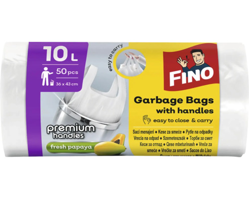 Saci de gunoi Fino cu mânere, 10 litri, 50 bucăți, 36 x 43 centimetri