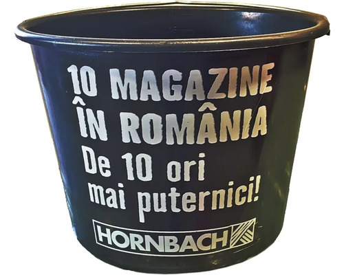 Găleată neagră cu sigla Hornbach și text în limba română