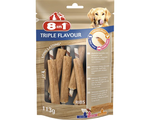 Recompensă pentru câini 8în1 Triple Flavour Ribs 6 buc. 8in1 Triple Flavour Ribs, o gustare pentru câini cu piele de porc, piele de vită și file de pui, 113 grame