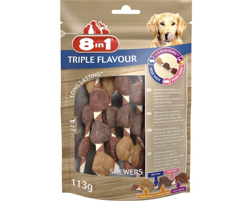Recompensă pentru câini 8în1 Triple Flavour Skewers 6 buc. 8in1 Triple Flavour gustări pentru câini frigărui, 113 grame